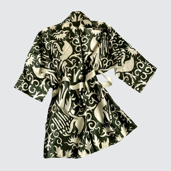 Kimono Silk Robe - Phoenix Green and White