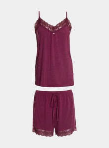  Bamboo Lace Cami Short Pyjama Set in Bordeaux