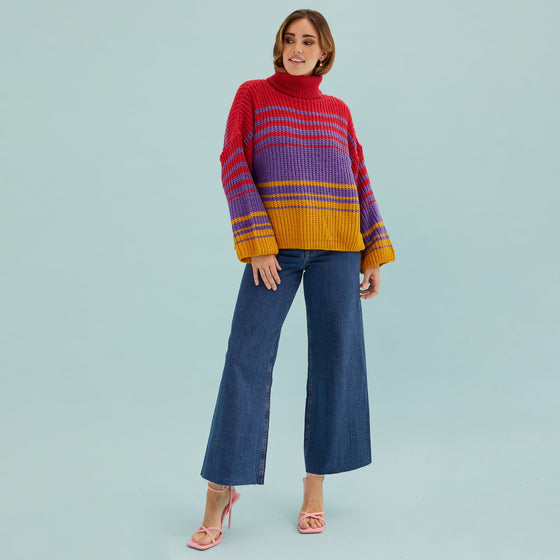 Megan Roll Neck Stripe Jumper - Cherry Red