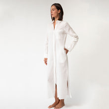  White Linen Voile Button-Down Long Shirt Dress - Myza