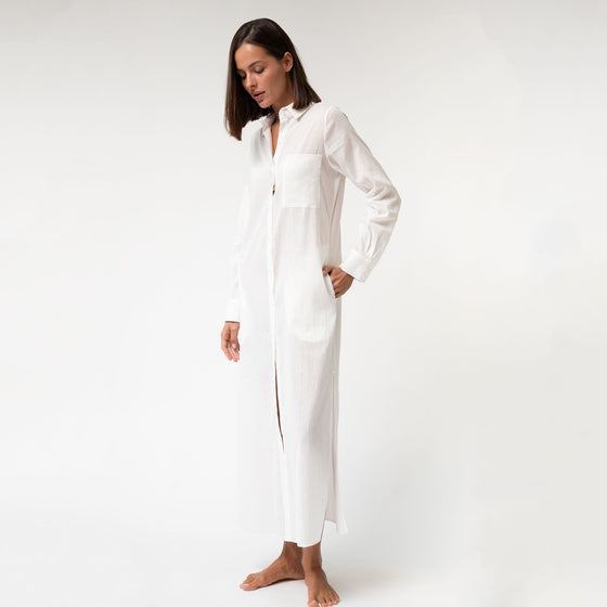 White Linen Voile Button-Down Long Shirt Dress - Myza