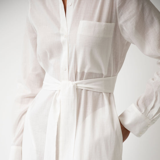 White Linen Voile Button-Down Long Shirt Dress - Myza