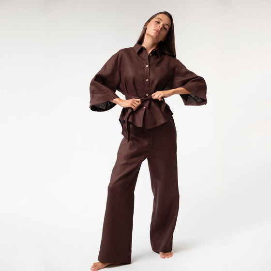 Brown Heavy Linen Wide-Leg Pants Perfect Days - Myza