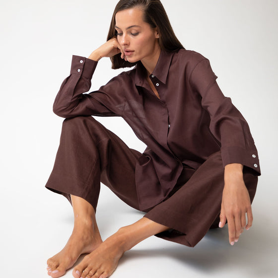 Linen Voile Button-Down Long Shirt Dress Restorative Brown - Myza