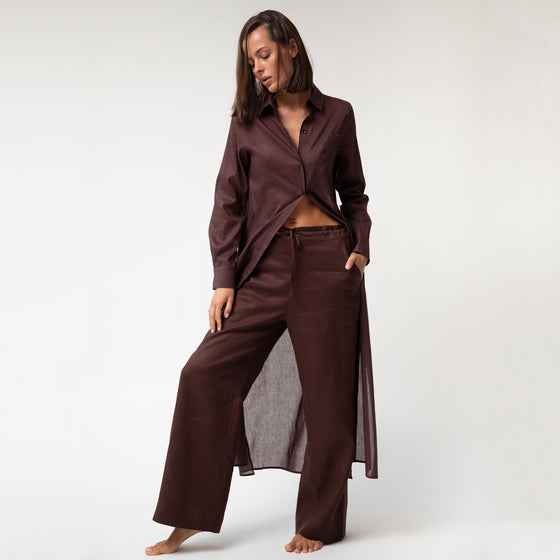 Linen Voile Button-Down Long Shirt Dress Restorative Brown - Myza