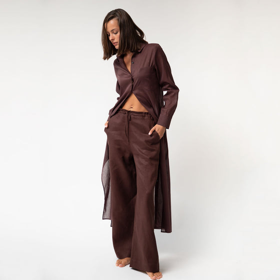 Linen Voile Button-Down Long Shirt Dress Restorative Brown - Myza