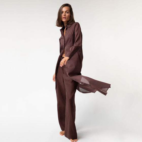 Linen Voile Button-Down Long Shirt Dress Restorative Brown - Myza