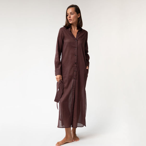 Linen Voile Button-Down Long Shirt Dress Restorative Brown - Myza