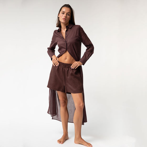 Linen Voile Button-Down Long Shirt Dress Restorative Brown - Myza