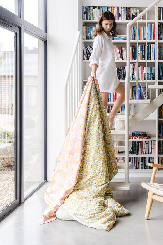 Reversible Ruffle Edge Silk Bedspread Made With Liberty Fabric POSEY POLKA & MEADOWLAND