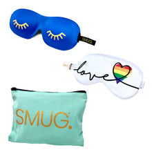  Contoured & Satin Sleep Mask Double Pack & Mint Green Travel Bag Set - Pride Love Print & Wink Print, Blue