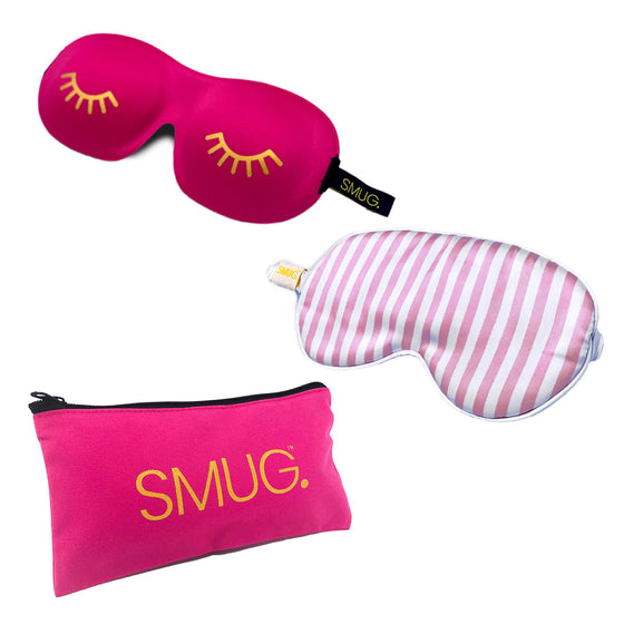 Contoured & Satin Sleep Mask Double Pack & Pink Storage Bag Set - Candy Shop Print & Wink Print, Pink
