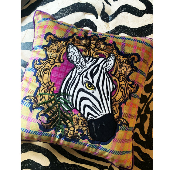 Embroidered Velvet Cushion Cover / "The Zebra Head"
