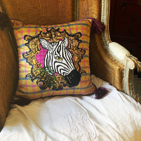 Embroidered Velvet Cushion Cover / "The Zebra Head"